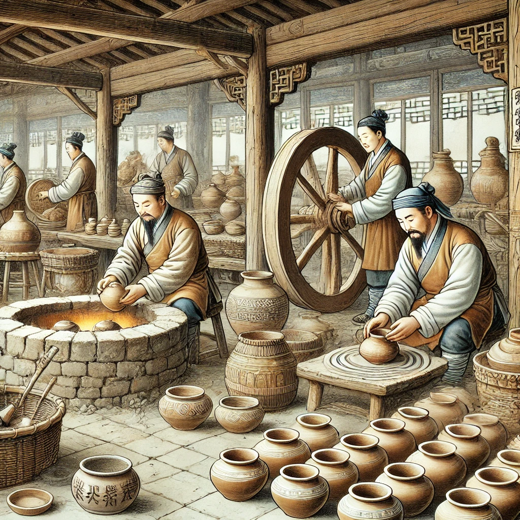 Shang Dynasty (1600-1046 a.C.): Representación del proceso temprano de fabricación de porcelana con hornos primitivos y alfareros trabajando.