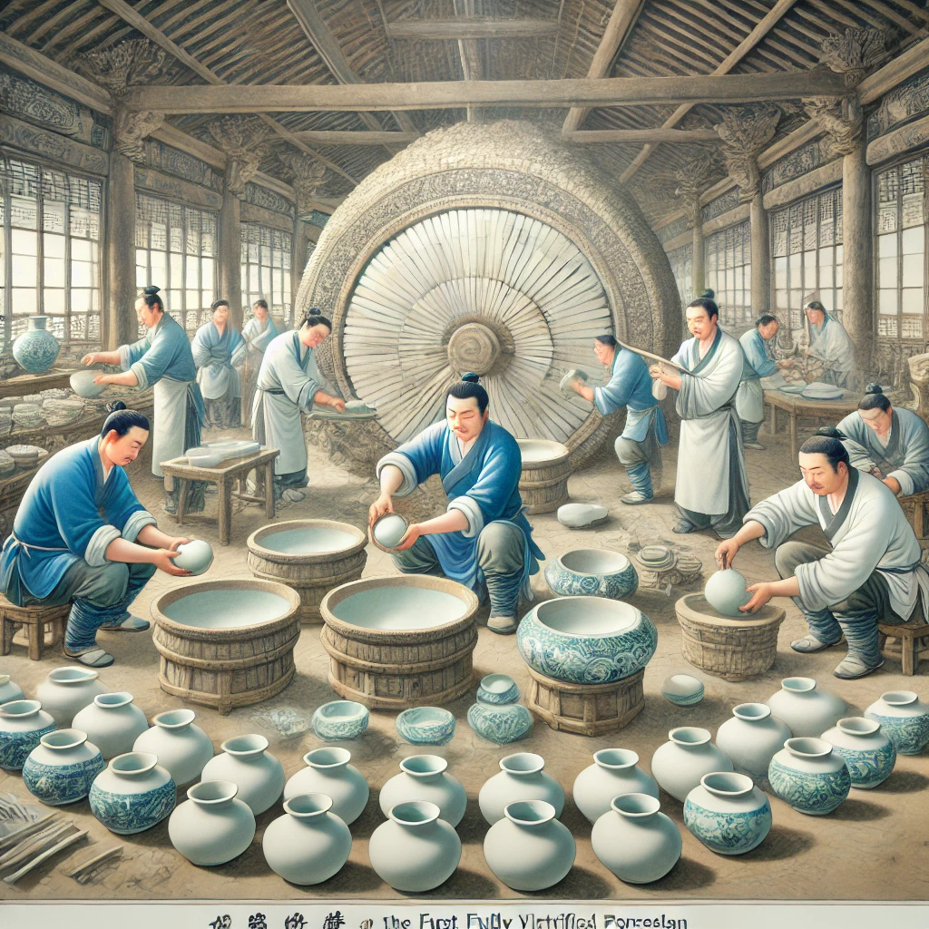 Tang Dynasty (618-907 d.C.): Escena de un taller avanzado creando porcelana translúcida con esmaltes celadón y azul.