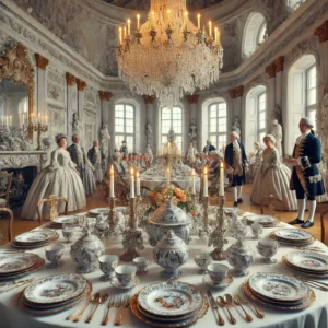 Comedor real europeo del siglo XVIII, con vajilla de Meissen y Sèvres en una opulenta mesa de banquete.