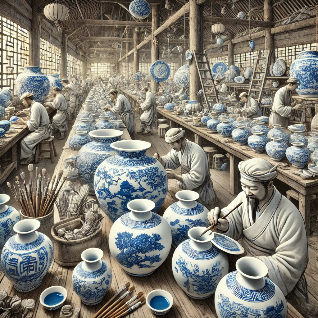 Yuan Dynasty (1279-1368 d.C.): Artesanos pintando a mano los icónicos diseños azul y blanco en finas piezas de porcelana.