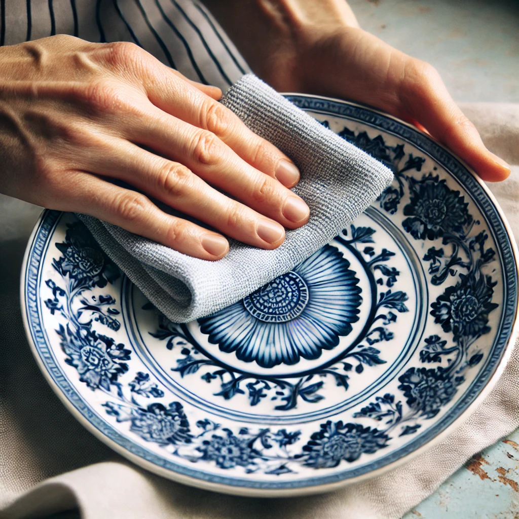 Secado cuidadoso de un plato de porcelana con un paño de microfibra