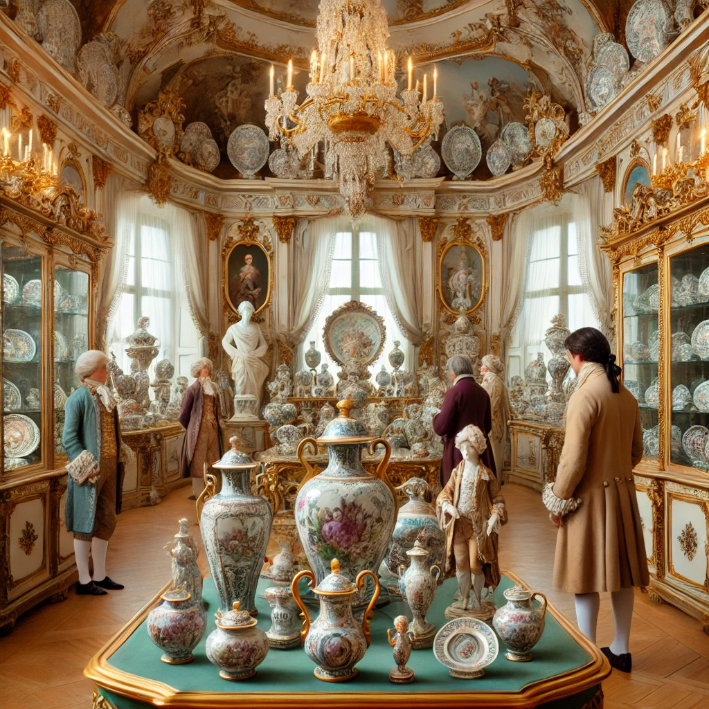 Exhibición de porcelana en la manufactura de Sèvres, con un lujoso ambiente rococó.